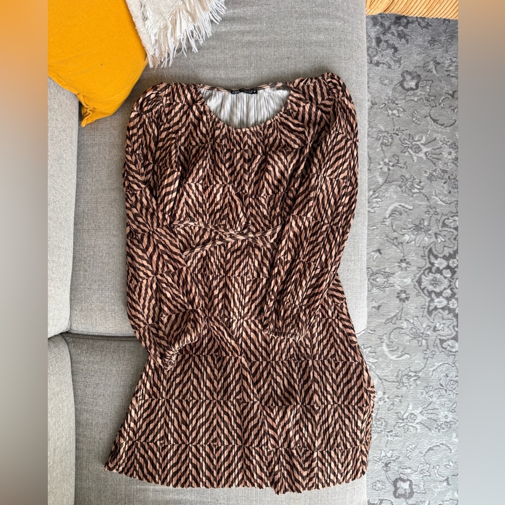 Zara Brown Patterned Long Sleeve Dress